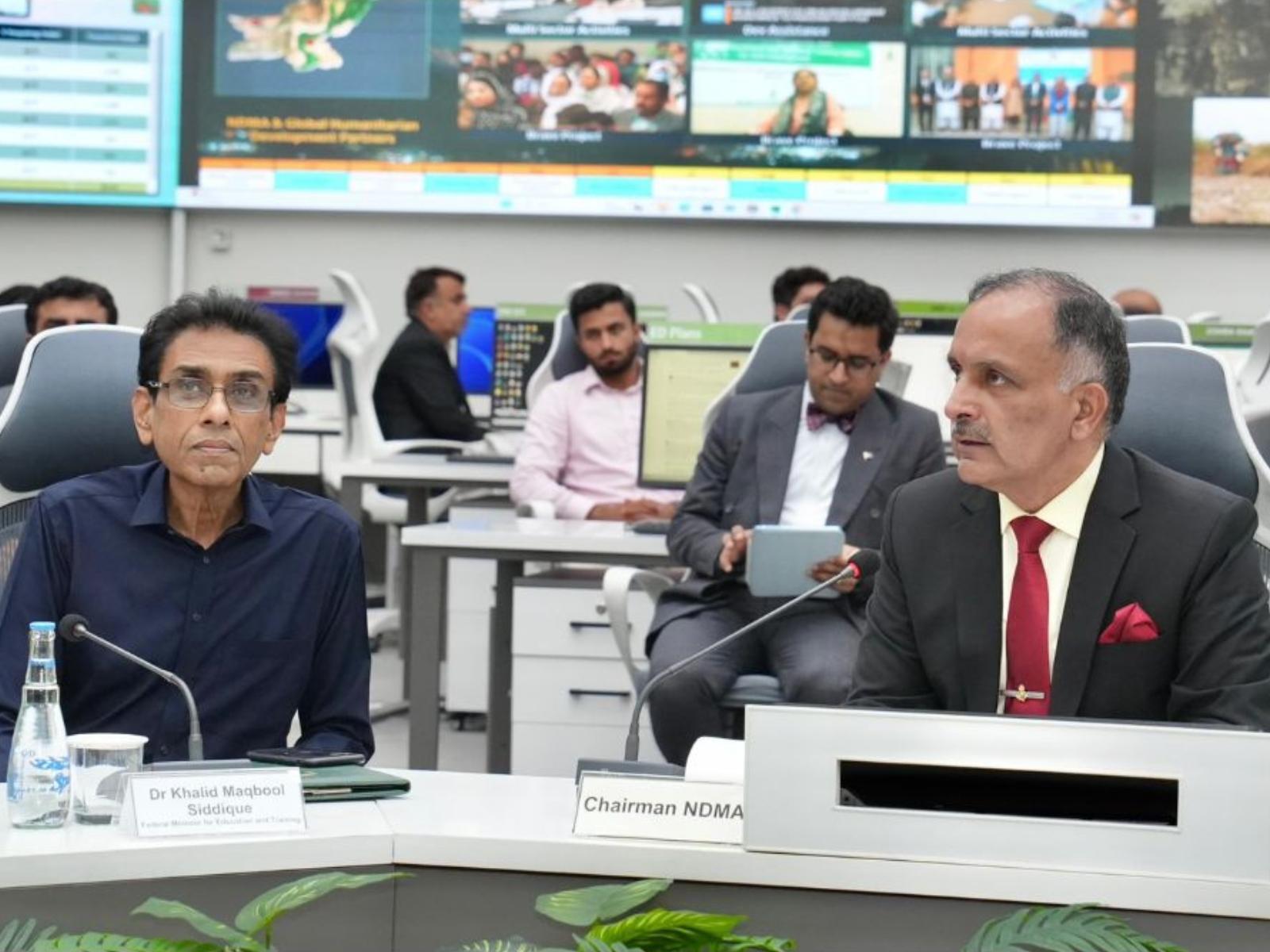 16-08-2024,  Federal Minister for Education and Professional Training, and Science & Technology Dr. Khalid Maqbool Siddiqui, visited National Emergencies Operations Center (NEOC) at NDMA Headquarters