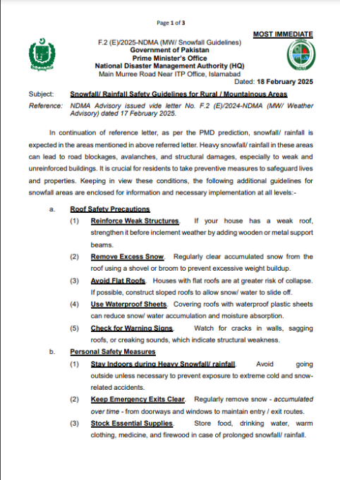 Snowfall/ Rainfall Safety Guidelines for Rural / Mountainous Areas