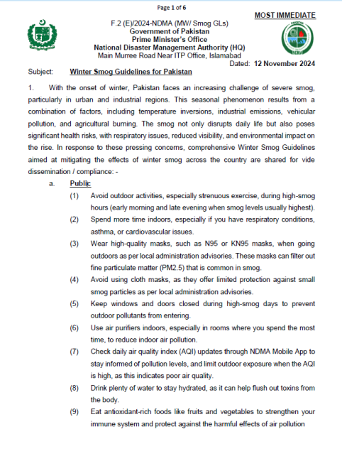 Winter Smog Guidelines for Pakistan