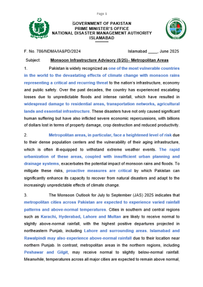 Infrastructure Advisory for Metropolitan Areas - Monsoon 2025