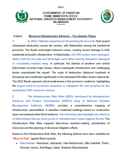 Infrastructure Advisory for Balochistan - Monsoon 2025