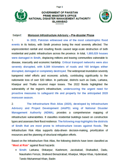 Infrastructure Advisory for Sindh - Monsoon 2025