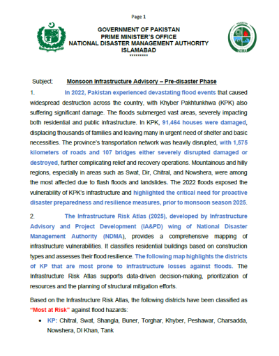 Infrastructure Advisory for Khyber Pakhtunkhwa - Monsoon 2025