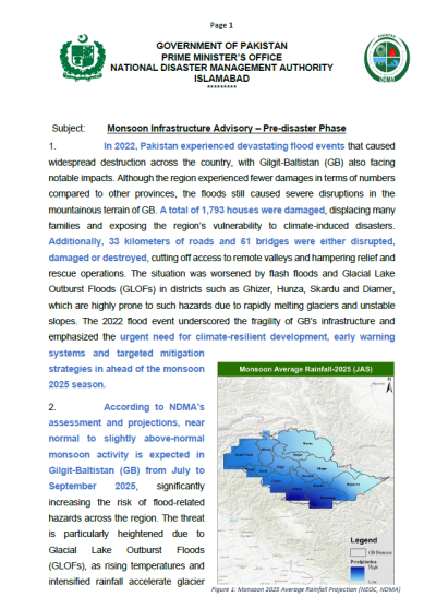 Infrastructure Advisory for Gilgit-Baltistan (GB) - Monsoon 2025