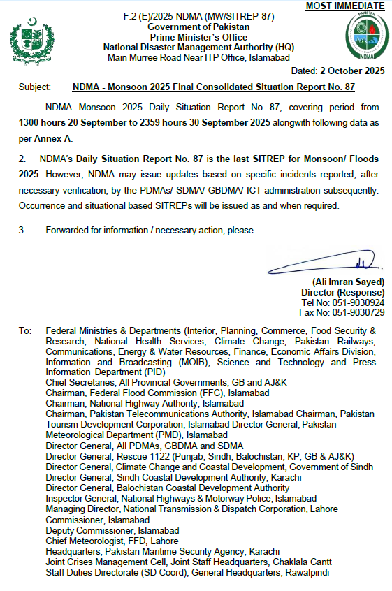 NDMA - Monsoon 2025 Final Consolidated Situation Report No. 87