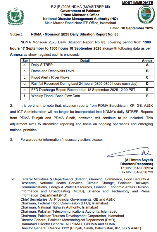 NDMA - Monsoon 2025 Daily Situation Report No. 85