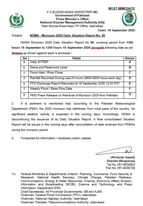 NDMA - Monsoon 2025 Daily Situation Report No. 86