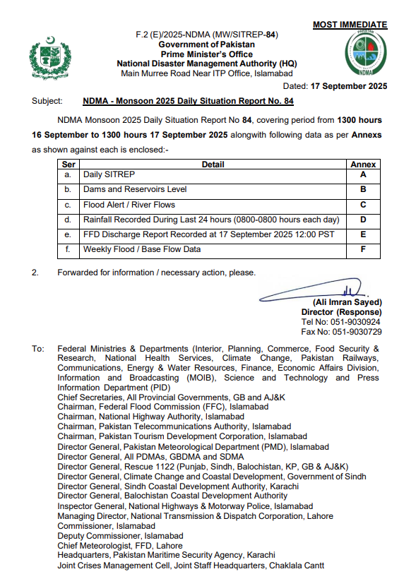 NDMA - Monsoon 2025 Daily Situation Report No. 84